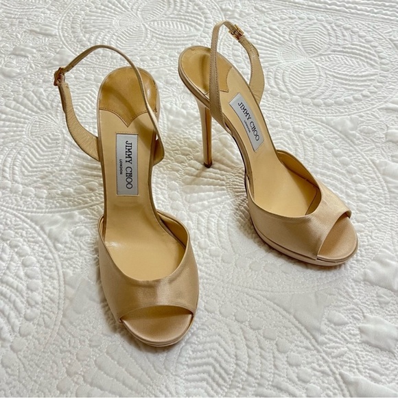 Jimmy Choo Shoes - JIMMY CHOO Satin Strap Heels 120mm Champagne Toe Strap Back Strap Size 41